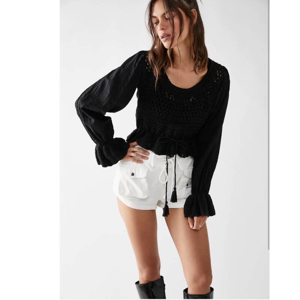 New Free People Megan Crochet Long Sleeve Crop Top $128 X-SMALL Black